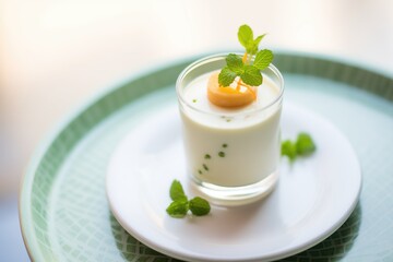 buttermilk panna cotta in glass, mint garnish on top