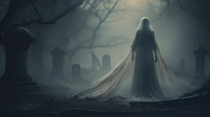La Llorona vengeful bride ghost standing in a graveyard - obrazy, fototapety, plakaty
