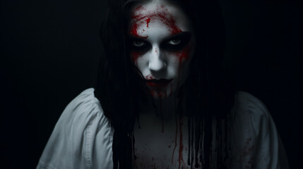 A White pale bloody face woman in darkness with sinister rage stare glower