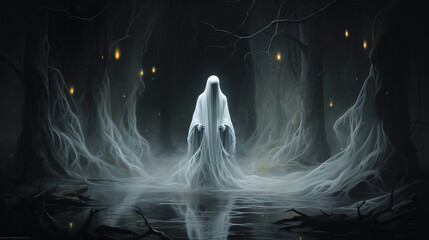 A presence ghost spirit white smoky energy in the middle of the woods - obrazy, fototapety, plakaty