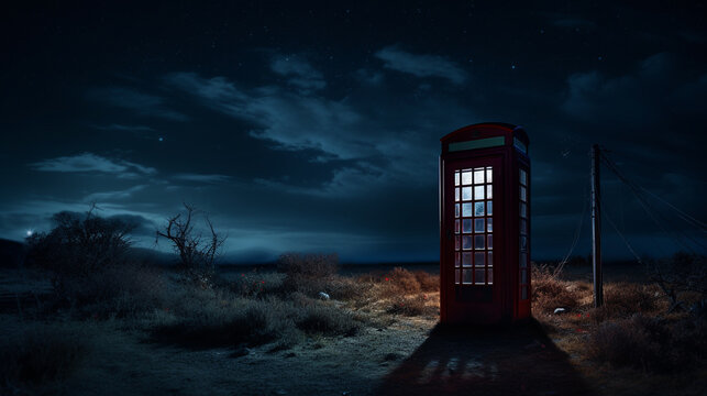 Abandon creepy phone booth at night in the middle of nowhere