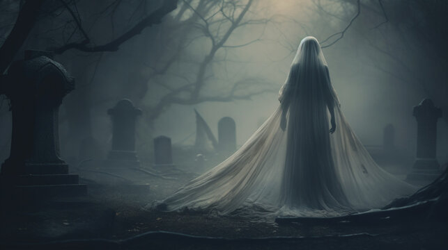 La Llorona vengeful bride ghost standing in a graveyard