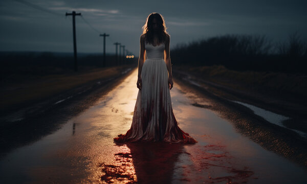 Scary scene of woman white dress stained with blood on a wet walkway looking horrify