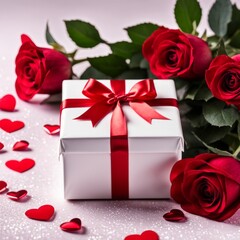 A white gift box with a red bow is framed by red roses and bokeh. Happy Valentine's Day, Mother's Day, 8 March, and Women's Day