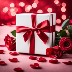 A white gift box with a red bow is framed by red roses and bokeh. Happy Valentine's Day, Mother's Day, 8 March, and Women's Day