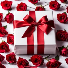 A white gift box with a red bow is framed by red roses and bokeh. Happy Valentine's Day, Mother's Day, 8 March, and Women's Day