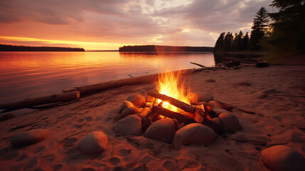 Minnesota USA campfire on sandy lakeside