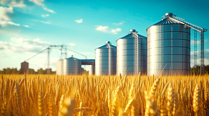 Golden wheat field and several storage silos on background. Postproducted generative AI illustration.
