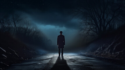 Creepy hitchhiker man standing in the middle of a dark road - obrazy, fototapety, plakaty