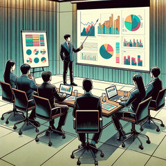 会議室にてプレゼンテーションをするビジネスマン