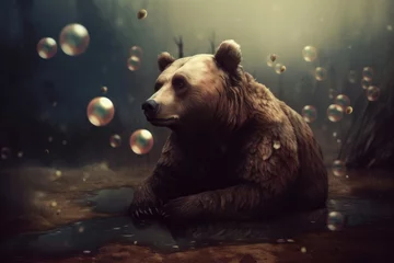 Fototapeten Surreal bear surrounded with soap balls. Forest wildlife grizzly bear cute posture. Generate ai © nsit0108