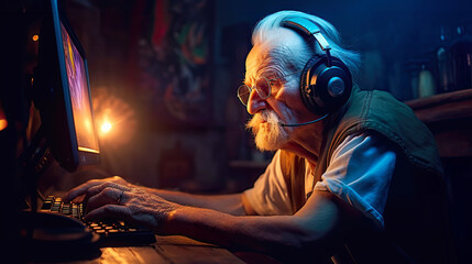 Grandfather enjoying video game playing in pension. Postproducted generative AI illustration.