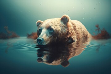 Surreal bear swimming. Brown woodland animal creature in pond water. Generate ai - obrazy, fototapety, plakaty