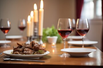 table setting with coq au vin, wine glasses, and candles