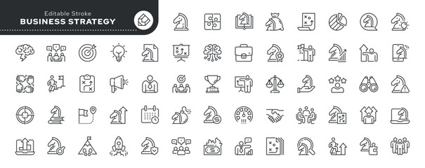 Set of line icons in linear style. Series - Strategy and business. Goal achievement, financial strategy, management and planning. Outline icon collection. Conceptual pictogram and infographic.