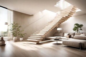 A harmonious blend of beige and white in a modern living room, featuring a minimalist floating staircase that creates subtle shadows in the calm ambiance.