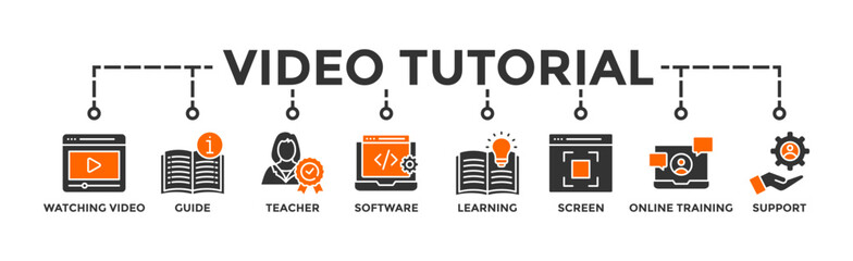 Video tutorial banner web icon vector illustration concept with icon of watching video, guide, teacher, software, learning, screen recording, online training, support - obrazy, fototapety, plakaty