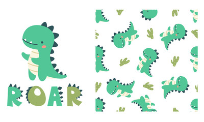 Set of vector templates for printing on children's products. Cute dinosaur and roar lettering. Seamless vector pattern with dinosaurs and cacti . Vector illustration