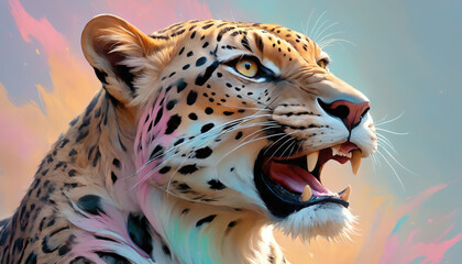 Fantasy Illustration of a wild animal leopard. Digital art style wallpaper background in pastel colors.