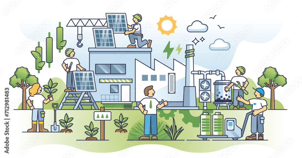 Poster industrial decarbonization and green energy transformation outline concept. factory with sustainable