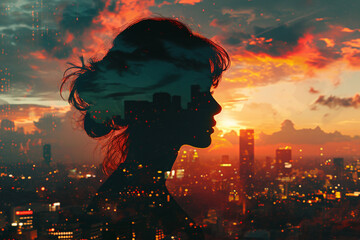 An illustration of a person's silhouette filled with a vibrant cityscape, symbolizing the dream of urban life and success.