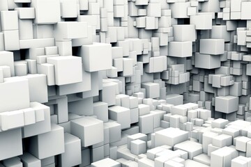 Well-organized block wall with varying sizes, in shades of white and grey. Futuristic wallpaper created using advanced technology. Rendered in 3D. Generative AI