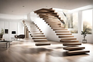 Clean lines and neutral tones define a minimalist floating staircase in a sophisticated living area, casting elegant shadows in the well-designed interior.