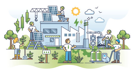 Industrial decarbonization and green energy transformation outline concept. Factory with sustainable and nature friendly power source vector illustration. Renewable resource usage for manufacturing.