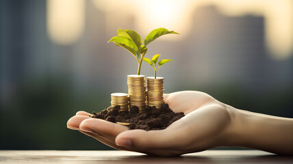 Financial growth and investment concept planting on pile of coins with city background