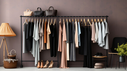 Rack with different stylish womens clothes