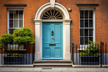 
Photo of a classic Georgian door in Dublin, Ireland, painted in a bright color with ornate...