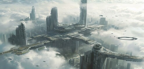  A breathtaking painting of a futuristic metropolis. Towering skyscrapers pierce the clouds, their metallic surfaces gleaming under a sky filled with airships and other flying vessels