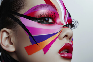 Close up dramatic eye makeup. Fashion art portrait. Beauty makeup artist ideas. Red lips, eyes, eyeshadows. Vivid bright make-up, lipstick for party.