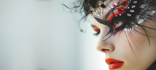 Close up dramatic eye makeup. Fashion art portrait. Beauty makeup artist ideas. Red lips, eyes, eyeshadows. Vivid bright make-up, lipstick for party.