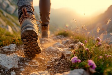 Close up of a hiker feet on a mountain trail at sunset. - obrazy, fototapety, plakaty