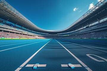 Empty athletic running tracks in a stadium filled with spectators. - obrazy, fototapety, plakaty
