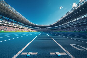 Empty athletic running tracks in a stadium filled with spectators.