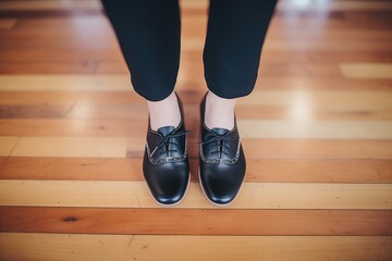 tap dancers feet closeup, black shoes on wooden floor - Powered by Adobe