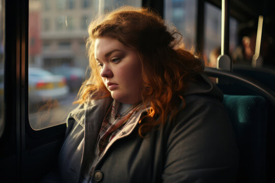 
Photo of a portly woman sitting on a city bus, looking out the window with a forlorn expression, with a blurred cityscape outside