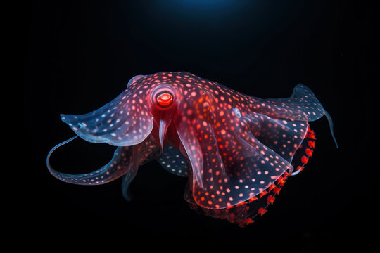 
Photo of a vampire squid, with its dark red color and bioluminescent spots, in its deep-sea habitat