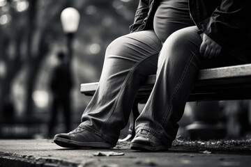 Photo of an overweight man sitting alone on a park bench, looking down at his feet, with blurred people walking in the background - Powered by Adobe