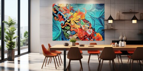 Vibrant wall artwork combining digital and ceramic tile designs for interiors.