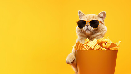 A cool cat in shades on orange background - obrazy, fototapety, plakaty