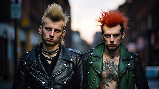 Two punk rock fans with crazy haircut are walking on street. Postproducted generative AI illustration.