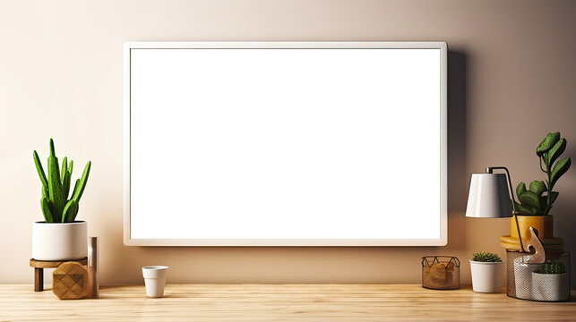 White blank frame above wooden desk as advertisement mock up. Postproducted generative AI illustration.