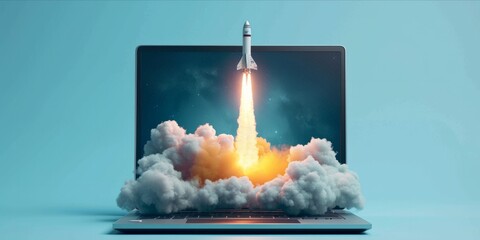 An open laptop with vibrant graphics of a rocket launch emerging from the screen on a blue background.