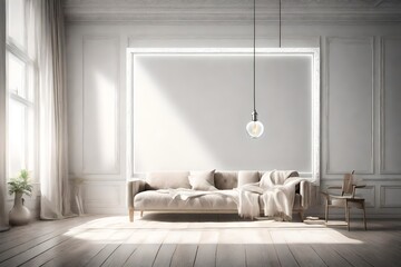 A captivating moment frozen in time, an empty room adorned with a blank white frame on a clear solid color wall, bathed in the ethereal glow of a pendant light.