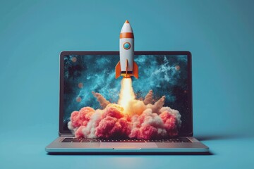 An open laptop with vibrant graphics of a rocket launch emerging from the screen on a blue background.