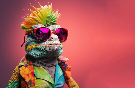 A chilled out chameleon wearing shades enjoing hemp