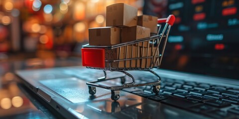 A shopping cart filled with cardboard boxes on a laptop keyboard.